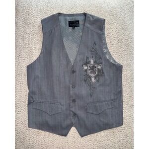 Franky‎ Max Mens Grey Gothic Cross Lion Crest Rhinestone Winged Vest XL